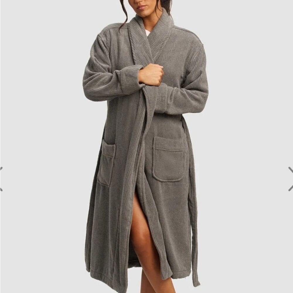 New Cozy Earth Ribbed Terry Bath Robe Charcoal Sz Medium